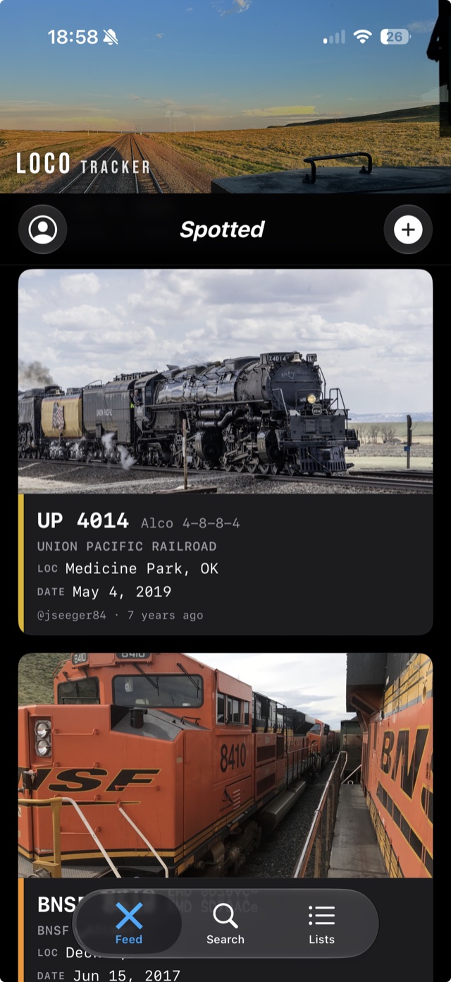LocoTracker's Spotted feed, showing Union Pacific 4014 — an Alco 4-8-8-4 — photographed at Medicine Park, Oklahoma in May 2019, above a second sighting of BNSF 8410.