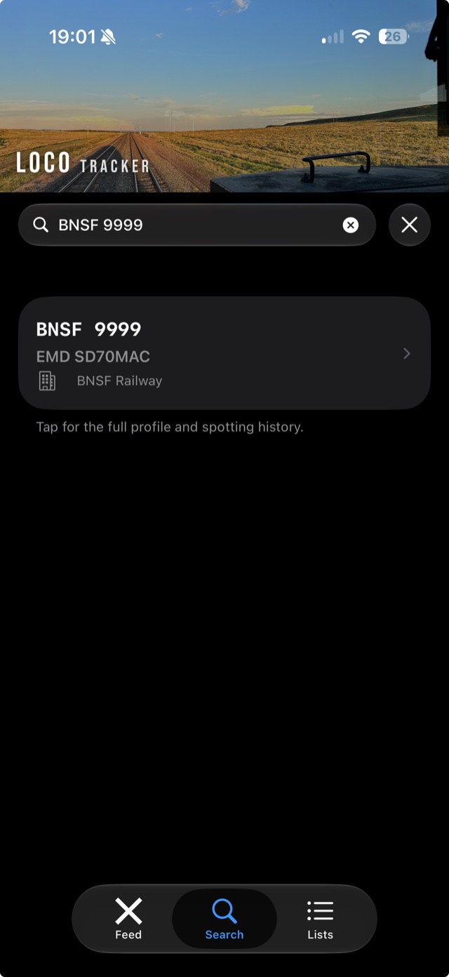 LocoTracker's search screen with the query BNSF 9999 returning an EMD SD70MAC operated by BNSF Railway.