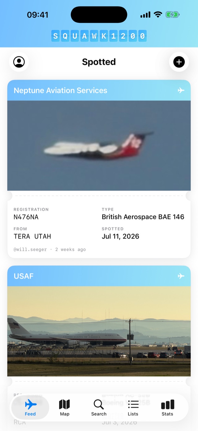 The Spotted feed, showing sighting cards for a Neptune Aviation BAE 146 and a USAF Boeing 747, each with a photo, registration, type and date.