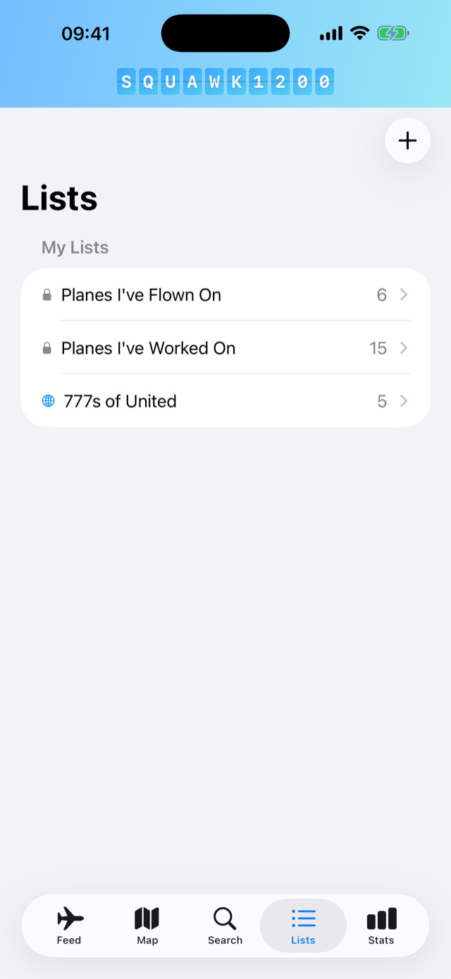 The Lists screen showing Planes I've Flown On, Planes I've Worked On, and a public list called 777s of United.